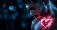 Young Hispanic man with glowing red heart shape emerging from chest against dark background with bokeh lights, artistic conceptual portrait.