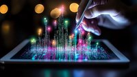 Digital hologram emerging from tablet screen with glowing data streams in pink and blue colors, hand touching interactive display against dark background with bokeh lights.
