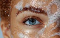 Close up view of bright blue eye with long eyelashes and well-groomed eyebrow, face partially covered with white foam or soap bubbles against brown skin.