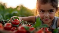 Young girl harvesting fresh red tomatoes in garden at sunset, showcasing organic farming and healthy childhood connection to nature.