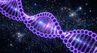 Purple DNA double helix structure floating in cosmic space with stars and nebula background for genetics research and biotechnology concepts.