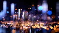Modern city skyline with glowing skyscrapers reflected in water at night, dreamy bokeh lights creating magical urban atmosphere. Suitable for real estate and architecture.