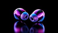 Wireless earbuds with neon purple and blue gradient glow on black reflective surface, modern tech gadget design with futuristic lighting effects.