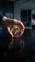Male hand holding glowing compass with needle pointing north in modern office setting, symbolizing direction, navigation, and business strategy for corporate concepts.