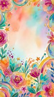 Watercolor floral frame with vibrant pink, yellow, and teal flowers, decorative stars, and confetti elements on soft gradient background. Isolated design ready for invitations, greeting cards, posters, and social media graphics.
