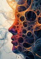 Abstract cellular network forming profile silhouette with orange and blue gradient colors, representing neural connections or biological structures.