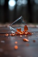 Broken glass shard reflecting warm orange light against dark background, creating dramatic contrast with scattered sharp fragments on wet surface.