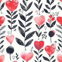 Romantic seamless pattern with red heart-shaped flowers, black leaves and stems on white background. Repeating floral design for Valentine's Day, wedding, or love themes.