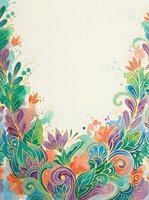 Colorful watercolor floral border with swirling leaves and blooms in teal, purple, and coral, framing a cream background with copy space.