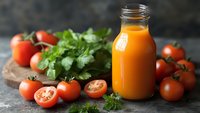 Fresh orange juice in glass bottle with ripe tomatoes and cilantro on rustic wooden board, healthy detox drink for breakfast.