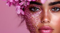 Close up portrait of young mixed race woman with pink glitter makeup, cherry blossoms and glossy lips against pink background. Creative fashion beauty photography.