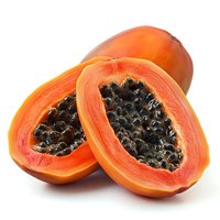 Fresh ripe papaya fruit cut in half showing black seeds and bright orange flesh isolated on white background, suitable for healthy eating and tropical fruit designs.