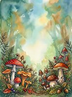 Enchanted forest clearing with red and orange mushrooms, golden foliage, and woodland plants beneath a luminous sky, isolated on white background for design projects.
