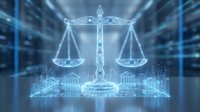 Digital scales of justice hologram with glowing blue light effects and data visualization elements representing legal technology and cyber law enforcement.