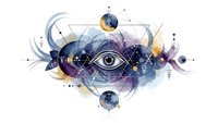 Abstract mystical eye symbol with geometric shapes and cosmic elements in watercolor style for spiritual and esoteric design projects.