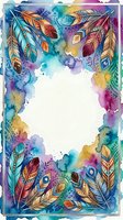 Watercolor feathers frame with vibrant colors and tribal patterns on white background for bohemian design projects and spiritual artwork.