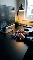 Software developer programming at modern workspace with code on monitor, hands typing on keyboard in cozy office setup with desk lamp and plant.