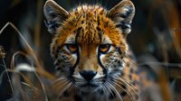 Young cheetah cub portrait with striking blue eyes and spotted fur pattern in natural grassland habitat for wildlife photography and conservation projects.