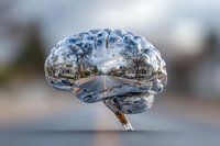 Surreal glass brain reflecting suburban winter street scene with houses and bare trees, concept for memory, perception, or cognitive psychology.