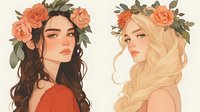 Young women with coral roses in hair, one brunette and one blonde, wearing floral crowns with green leaves. Romantic fantasy portrait in soft artistic style.