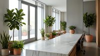 Modern office conference room with marble table and lush green plants creating biophilic workspace design for productivity and wellness meetings.