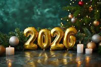 Golden 2026 balloon numbers with Christmas tree, ornaments, and candles against dark green background for holiday celebration or New Year party.