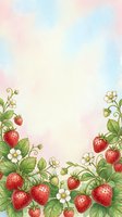 Strawberry plants with ripe red berries, white flowers, and green foliage arranged as a decorative border frame on soft pastel background. Isolated design element for greeting cards, invitations, and seasonal projects.