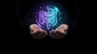 Hands holding glowing brain with neural networks in purple and blue light against dark background for technology and artificial intelligence concepts.