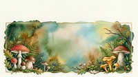 Watercolor forest frame with mushrooms and ferns creating enchanted woodland border for nature designs and fairy tale illustrations.