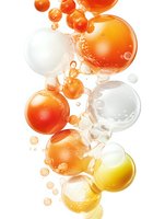 Orange and white liquid spheres with bubbles floating in gradient motion against white background, abstract fluid dynamics composition for cosmetic packaging.
