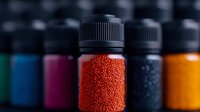 Vibrant red polymer beads in plastic container with colorful bottles in background, macro photography showing detailed texture of synthetic material granules.