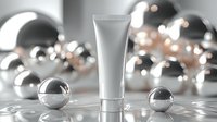 White cosmetic tube mockup with metallic spheres and bokeh lights on reflective surface, luxury skincare product presentation for beauty industry.