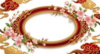 Ornate red and gold oval frame with pink cherry blossoms and traditional Asian cloud motifs on white background for festive design projects.