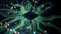 Central microchip with glowing green circuit board pathways and illuminated connection points, representing technology, artificial intelligence, data processing, and digital innovation for tech industry applications.