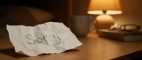 Crumpled paper note with the word Sorry on a wooden bedside table, warm lamp light in background, emotional apology concept.