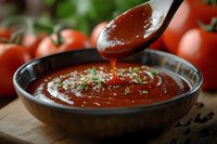 Fresh tomato sauce dripping from spoon into ceramic bowl, garnished with herbs and spices, against blurred background of ripe tomatoes and peppercorns.