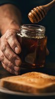 Close-up of male hands with medium-dark skin tone drizzling golden honey from wooden dipper into glass jar above toasted bread slice on dark background for food styling and culinary use.