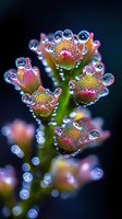 Delicate pink and yellow flower buds covered in morning dew drops creating magical bokeh effect against dark background, macro nature photography.
