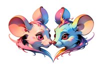 Colorful artistic illustration of two cute mice forming a heart shape, perfect for children's books, greeting cards, or romantic fantasy designs. Isolated on white background.