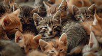 Group of sleepy kittens with mixed fur colors including ginger and gray tabby cats looking at camera with drowsy expressions. Cozy pet photography.