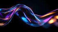 Luminous flowing waves of blue, purple and orange light create dynamic abstract pattern against black background, glowing with magical energy effect.