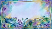 Watercolor landscape with vibrant gradient sky transitioning from purple to yellow, ornate decorative border with scrollwork, botanical elements and foliage silhouettes.