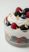 Elegant glass dessert with fresh mixed berries, cream and gold leaf garnish on neutral background for gourmet food photography and culinary marketing.