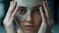 Young woman with cracked clay facial mask touching her face with both hands, revealing intense blue eyes and freckles in dramatic lighting.