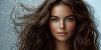 Young woman with flowing brown hair and natural makeup against blue background with water drops, creating dynamic movement and ethereal atmosphere.