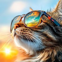 Cool cat wearing sunglasses reflecting sunset sky, close up portrait of tabby feline face with orange and blue reflections in stylish eyewear against summer background.