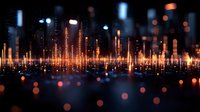 Abstract digital cityscape with glowing orange and blue light columns reflecting on dark surface, creating futuristic urban skyline with bokeh effect and depth of field.