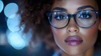 Young African American woman wearing stylish blue glasses with natural curly hair against blurred blue bokeh background, dramatic lighting creates modern portrait.
