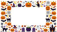 Halloween decorative border frame with jack-o-lanterns, bats, witches, ghosts, cauldrons, spiders, and autumn leaves on white background. Isolated clipart for invitations.
