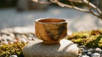 Rustic wooden bowl resting on stone surrounded by moss and pebbles, ideal for zen garden decor, meditation spaces, and nature-inspired design projects.